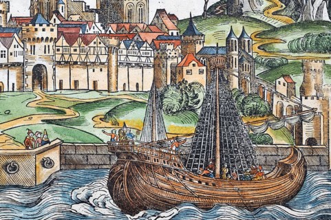 Ship on the Rhine, medieval city view, Cologne or Colonia, old coloured woodcut from: Schedel'sche