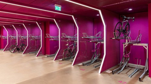 Underground car park for bicycles, redesigned Potsdamer Platz station, Sony Center, Berlin,
