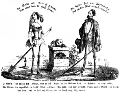 Parody, in the cemetery, Momento Mori, moment of death, skull, candle burnt out, depiction of woman