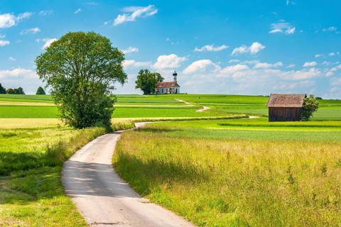 Field landscape, field path leads to the church of St Andreas in the middle of green fields under a