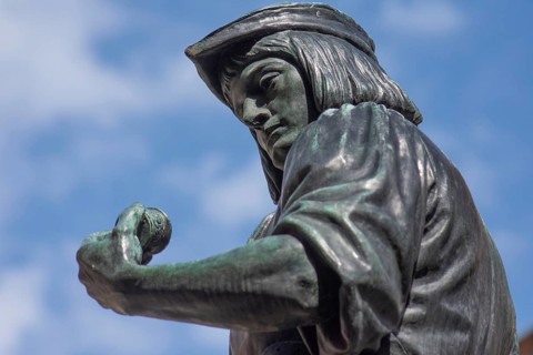 Detail of the sculpture by Peter-Henlein, inventor of the pocket watch, fountain figure on