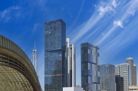 Israel, Tel Aviv financial business district skyline with shopping malls and high tech offices.,