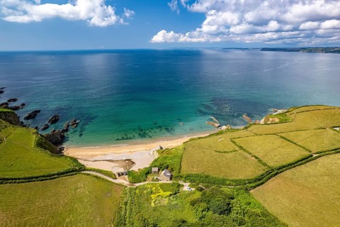 Hemmick Beach and the coast of St Austell seen from the air, Cornwall, England, United Kingdom,