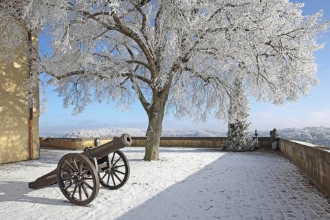 Medieval cannon with chariot wheels in winter, snow, frost, hoarfrost, Hellenstein Castle,
