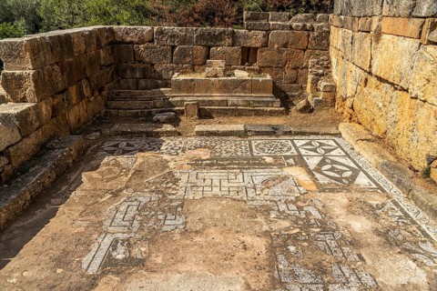 Mosaics in the Temple of Asklepios in the ancient city of Lisos near Sougia, Crete, Greece, Europe