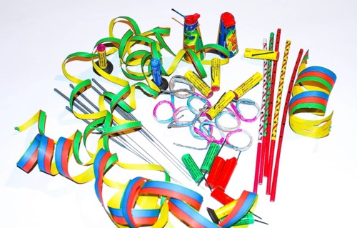 Sparklers, Bengal lights, variants in grey and colourful, and various small firecrackers,