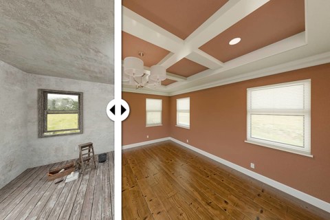 Before and after slider comparing the unfinished condition and the completed brown painted and