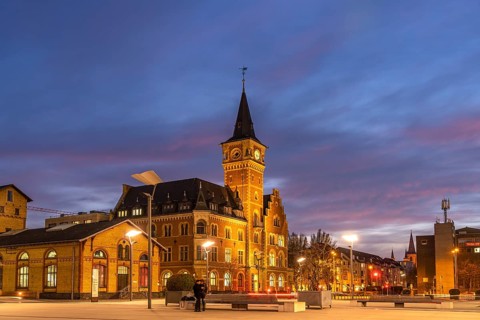 The historic harbour office at dusk, Cologne, North Rhine-Westphalia, Germany, Europe