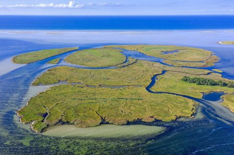 Aerial view over channels and salt marshes of the island group of Kleiner Werder, Kleine Werder in