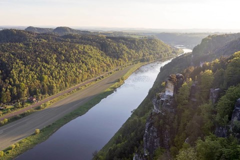 View from the Basteiaussicht down the Elbe with Elbe and Wartturm, Lohmen, Saxon Switzerland,