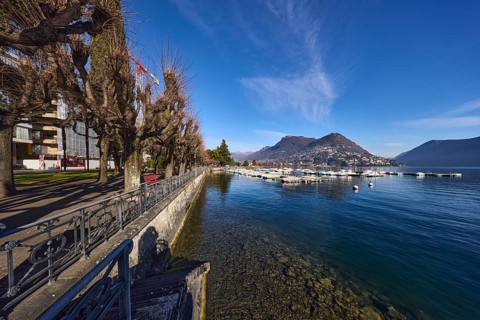 Lake, mountains, haze, marina, trees, lakeside promenade, blue sky, veil clouds, Lake Lugano,