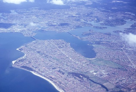 Oblique view of the suburban settlement of Georges River, Botany Bay, Sydney, Australia 1974