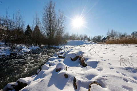 Dortmund, North Rhine-Westphalia, Germany - Sunny winter landscape in the Ruhr area, ice and snow