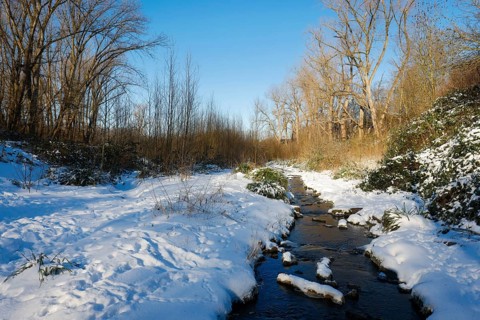 Bochum, North Rhine-Westphalia, Germany - Sunny winter landscape in the Ruhr area, ice and snow on