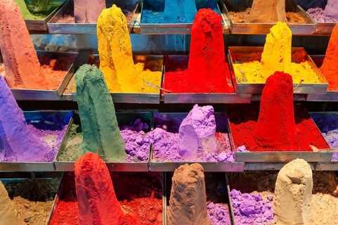 Piled up, coloured Kum-Kum powder, market, Pushkar at the holy Pushkar Lake, Rajasthan, India, Asia