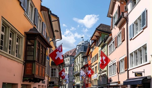 Augustinergasse with Swiss flags, Old Town, Zurich, Switzerland, Europe