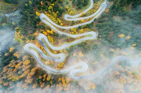 Aerial view of the Maloja Pass road with its numerous hairpin bends, Canton Graubünden,