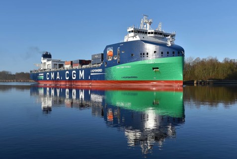 Container ship CMA CGM TIVOLI sailing in the Kiel Canal, Kiel Canal, Kiel Canal,