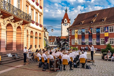 Brass band on the market square at the town hall Gengenbach, Black Forest, Baden-Württemberg,