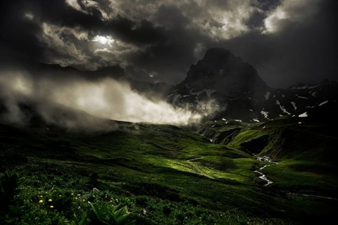 Peaks in the morning light and alpine landscape with dramatic clouds, Lech, Lechquellengebirge,