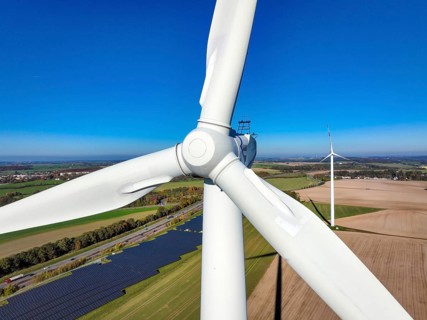 Glauchau, Saxony, Germany, Wind turbines, wind farm and solar farm on the A4 motorway near