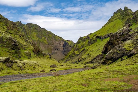 Stream bed in a green moss-covered gorge, enchanted volcanic landscape, Pakgil, Iceland, Europe