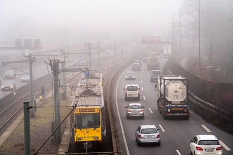 Dense fog, with visibility sometimes less than 100 metres, A40 motorway, city passage in Essen,