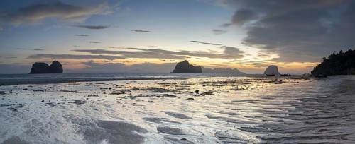Structures in the sand, sunrise at low tide on the beach of Koh Ngai Island, Andaman Sea, Satun