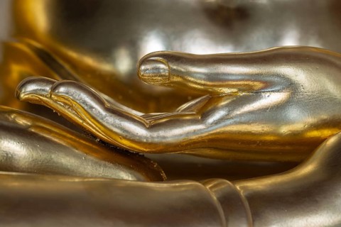 Bhumispara-mudra, moment of enlightenment, golden Buddha statue, interior view of Wat Chana