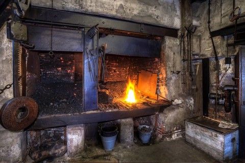 Old forge with forge fire, Lauf Industrial Museum, Lauf a. d. Pegnitz, Middle Franconia, Bavaria,