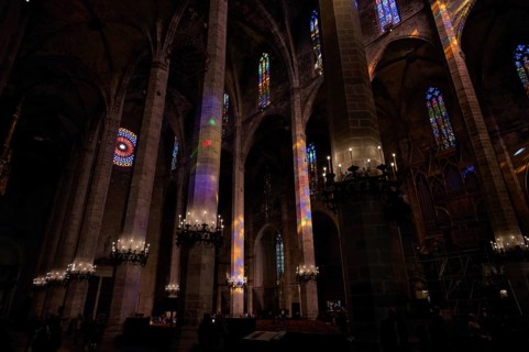 Play of colours, play of light, colourful church windows, interior view, La Seu, Basilica de Santa