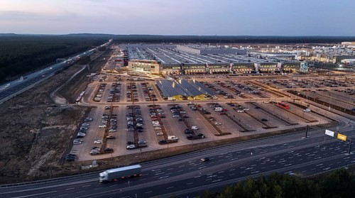 The Tesla Gigafactory at the blue hour, Grünheide, 07.03.2025, Grünheide, Brandenburg, Germany,