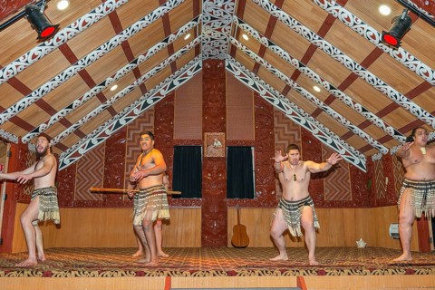 Maori welcome dance performance, Te Puia, Rotorua, Bay of Plenty, North Island, New Zealand,