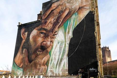 'Human Search' street art mural painted by Liam Bononi, The Wedding House building, Great George