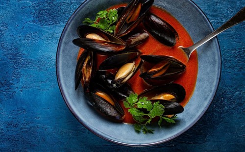 Fra Diavolo mussels, mussels in tomato sauce, Italian dish, on a blue background, homemade, no