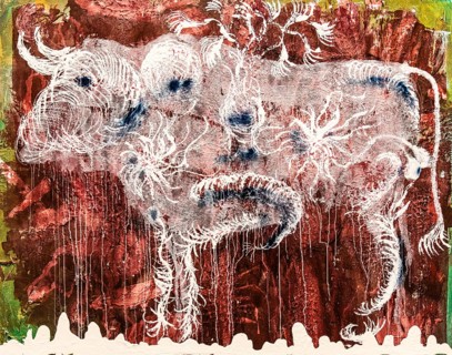 Albino bull, 2021, mixed media on canvas, exhibition Miquel Barcelo, Vida y Muerte, Museum