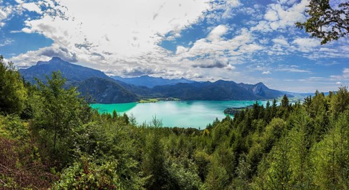 View from Hollerberg to Mondsee with Drachenwand, Mondseeland, Salzkammergut, Upper Austria,