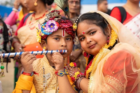 Students dressed as Lord Krishna and Radha participate in Samutkarsh Mahashivir organised by Vidya