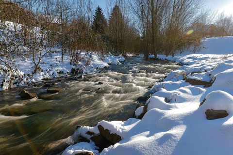 Dortmund, North Rhine-Westphalia, Germany - Sunny winter landscape in the Ruhr area, ice and snow