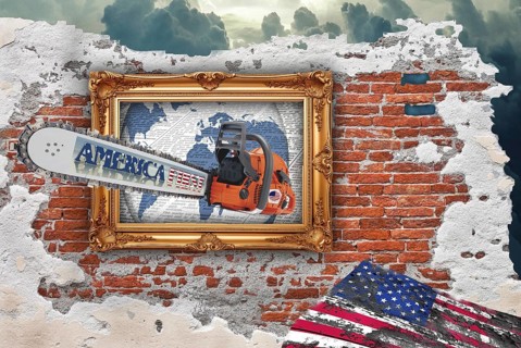 Symbolic image, chainsaw threat, US democracy in danger, EU and Germany under political pressure,