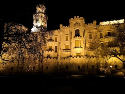 Illuminated castle at night. Hluboká is a historic château situated in Hluboká nad Vltavou. and is