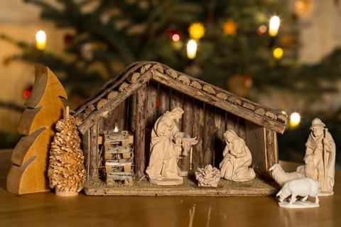 Stable with the Holy Family, shepherd and sheep come to the cot, nativity scene scene, Christmas