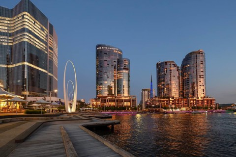 Skyline at Elisabeth Quay, blue hour, blue hour, harbour, Perth, State of Western Australia,