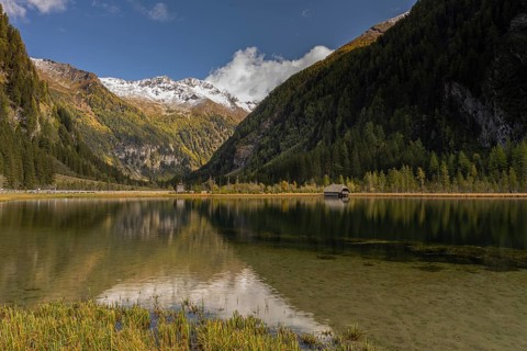 Boatshelter at Lake Stappitz in first morning light, Seebach valley, Mallnitz, Carinthia, Austria,
