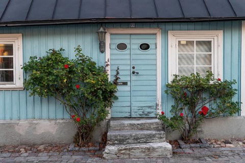A light blue wooden house with an old door flanked by red roses in a cosy, rustic setting,