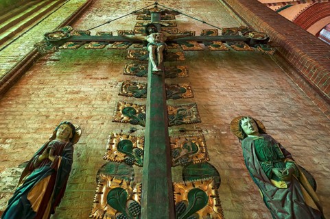 Triumphal cross group from St Georgen 1420, St Nikolai Church, late Gothic brick building, built