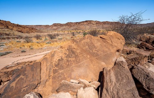 Depictions of animals on a rock slab, petroglyphs, rock engravings, Twyfelfontein, Kunene, Namibia,