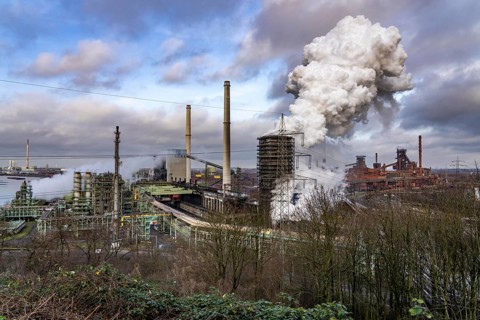 The Thyssenkrupp Steel steelworks in Duisburg-Marxloh, on the Rhine, quenching tower of the coking