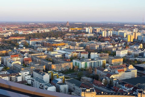 View of the city from the City Tower towards the University Hospital and the Monument to the Battle