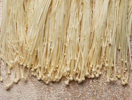 Enoki mushrooms, raw, top view, close-up